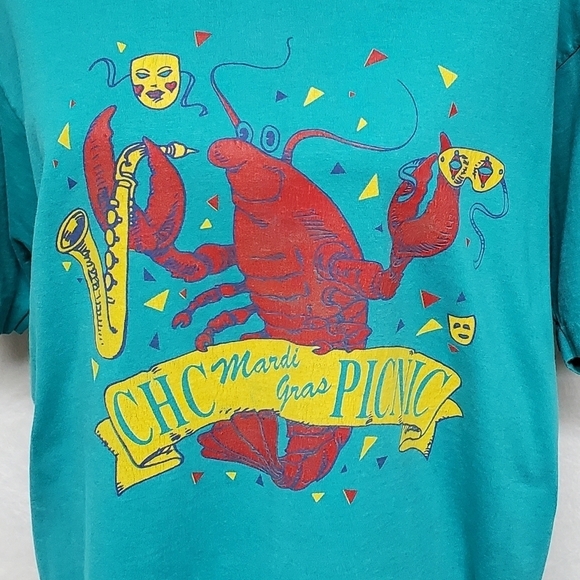 VINTAGE 1993 OOAK Mardi Gras Picnic Turquoise Sax Lobster Single Stitch Tee L - Picture 6 of 13